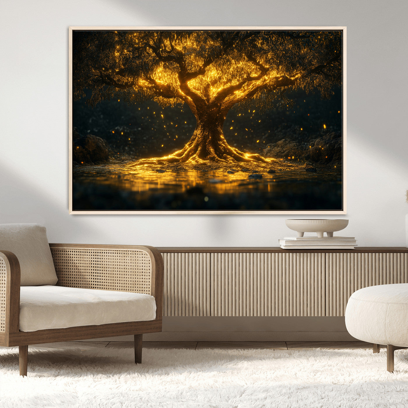 59580-MGV-FC-36X24_Natural-Glowing Tree Wall Art – Golden Fantasy Nature Canvas Print, Mystical Illuminated Tree Painting Poster for Living Room, Bedroom,