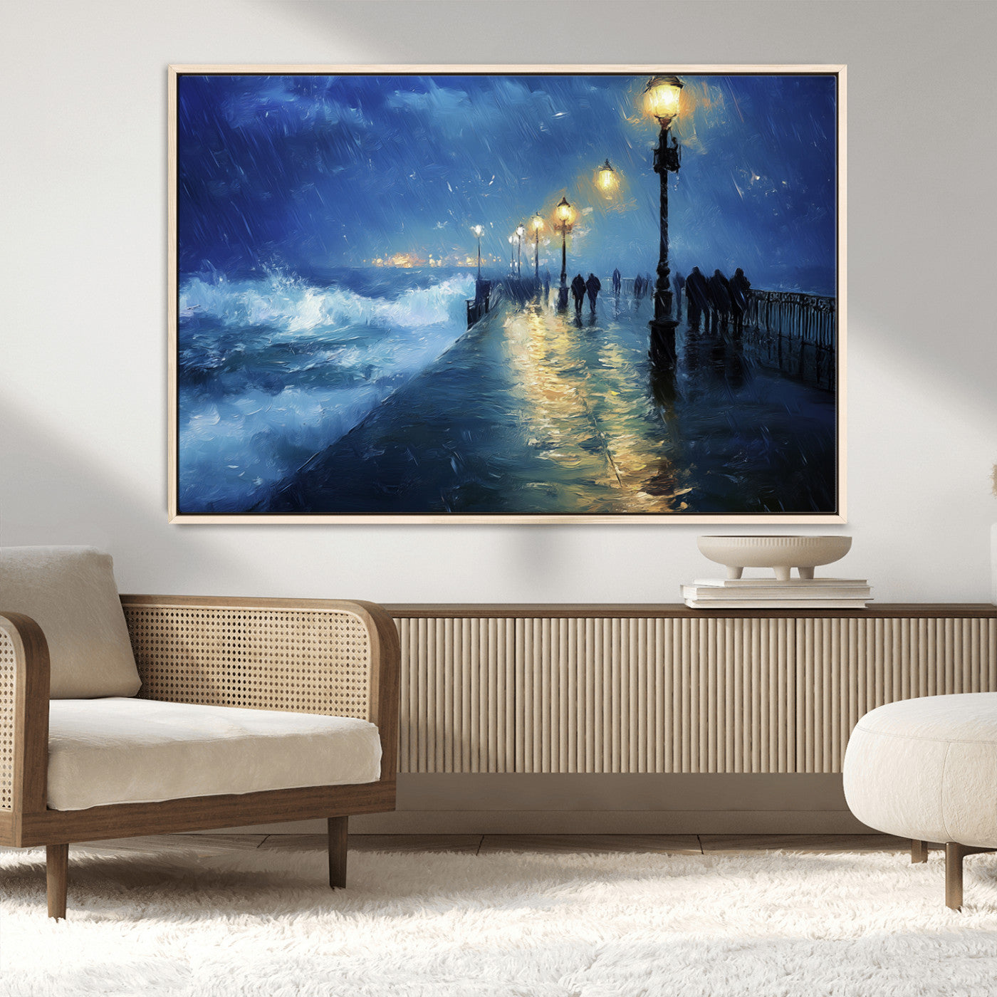 76572-MGV-CV-36X24-Stormy Night Pier Wall Art – Ocean Waves and Street Lamps Canvas Print, Rainy Seascape Oil Painting Poster for Living Room,