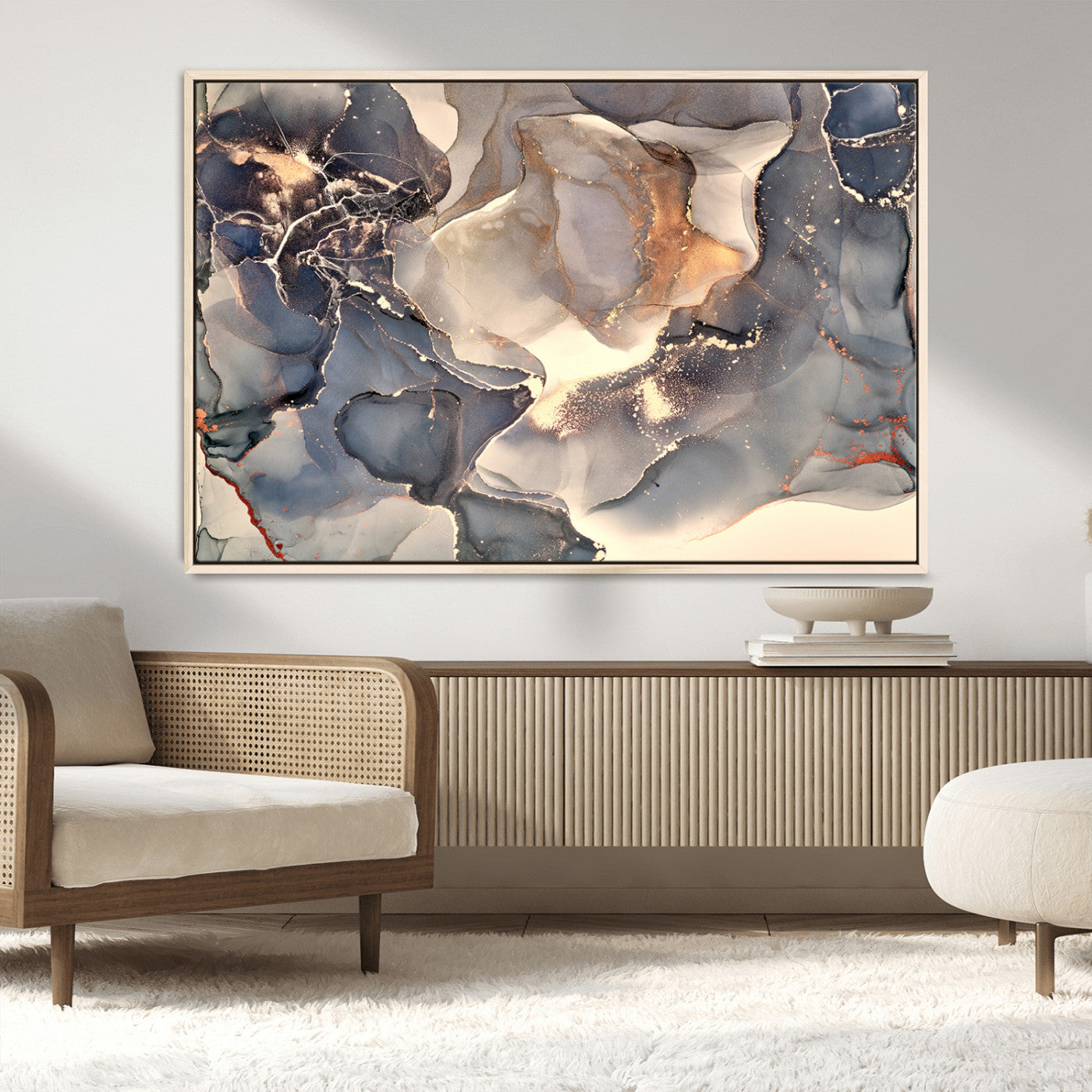 18202-MGV-CV-36X24-Abstract Neutral Wall Art – Blue, Beige and Gold Fluid Ink Canvas Print, Modern Minimalist Painting for Living Room, Office