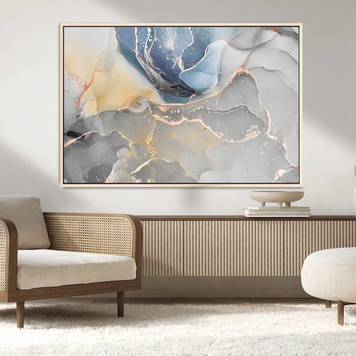 18176-MGV-CV-36X24-Abstract Fluid Wall Art – Modern Marble Ink Canvas Print with Blue, Gold, and Gray Tones, Contemporary Minimal Artwork Decor for