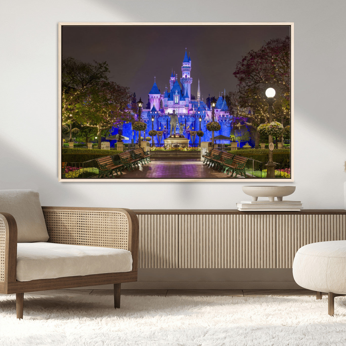 63560-MGV-FC-36X24_Natural-Fairy Tale Castle Wall Art – Magical Night Scene Canvas Print with Lights and Gardens, Fantasy Architecture Artwork for Living