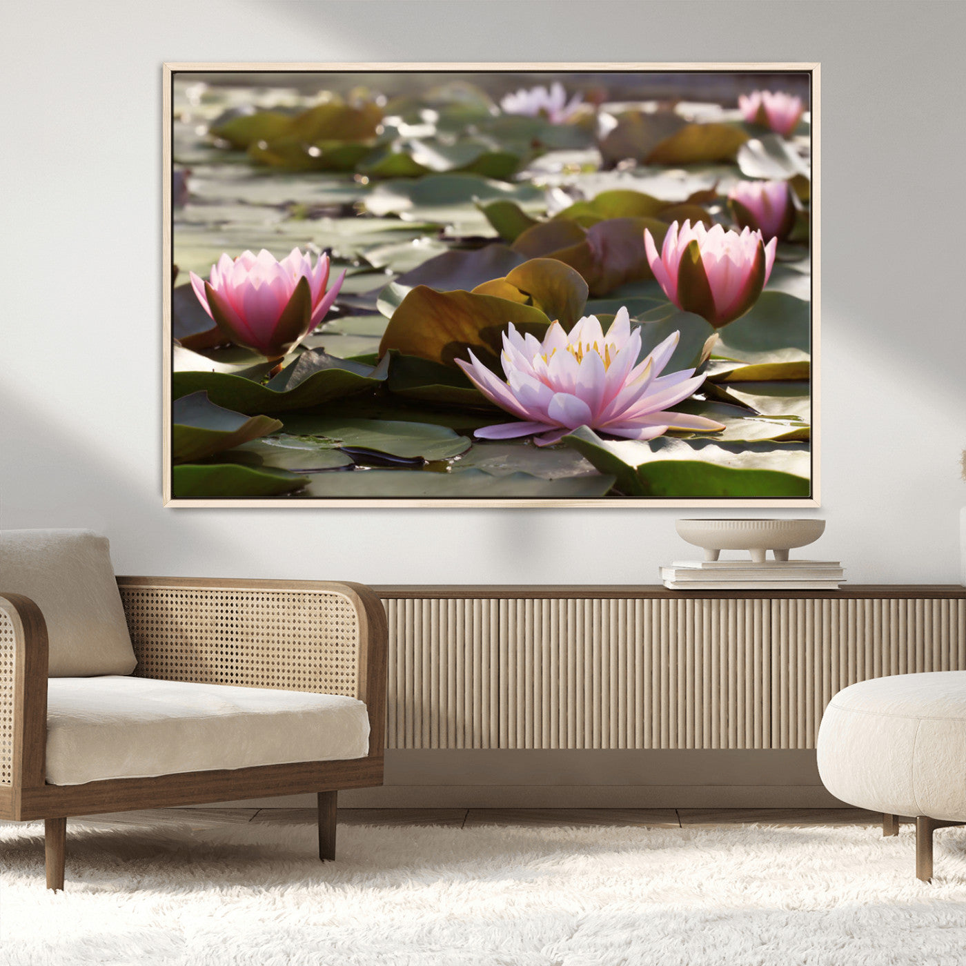 72218-MGV-FC-36X24_Natural-Water Lily Pond Wall Art – Pink Lotus Flowers Canvas Print with Green Lily Pads, Peaceful Botanical Artwork for Living Room,