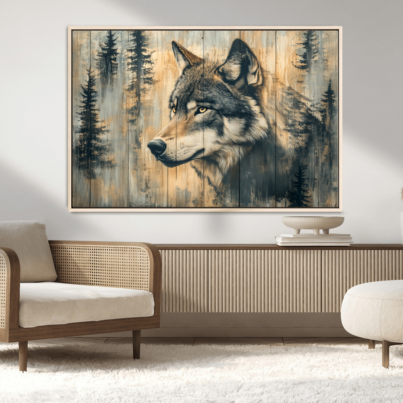 51892-MGV-CV-36X24-Wolf Wall Art – Rustic Canvas Print of Wolf with Forest Trees on Wood Texture, Wildlife Lodge Artwork for Living Room, Bedroom,
