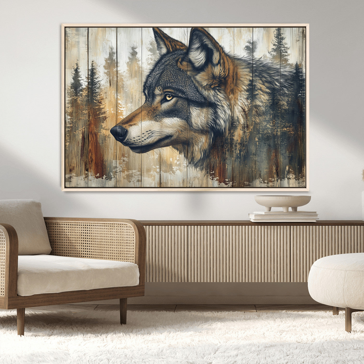 91882-MGV-FC-36X24_Natural-Wolf Wall Art – Rustic Canvas Print of Forest Wolf on Wood Background, Wildlife Lodge Artwork for Living Room, Bedroom, Cabin, or