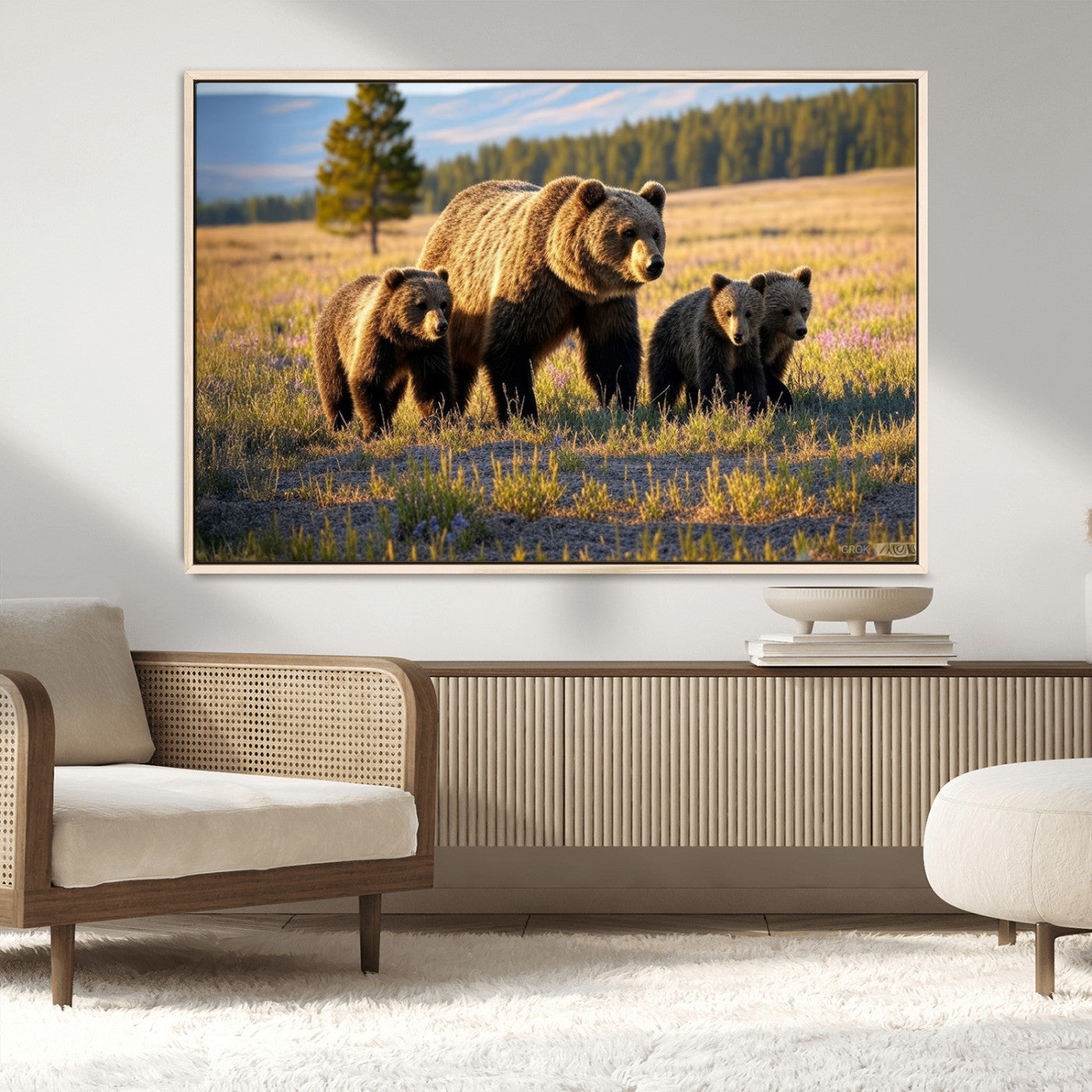 43400-MGV-CV-36X24-Bear Family Wall Art – Wildlife Canvas Print of Mother Bear with Cubs in Sunlit Meadow, Rustic Animal Artwork for Living Room,