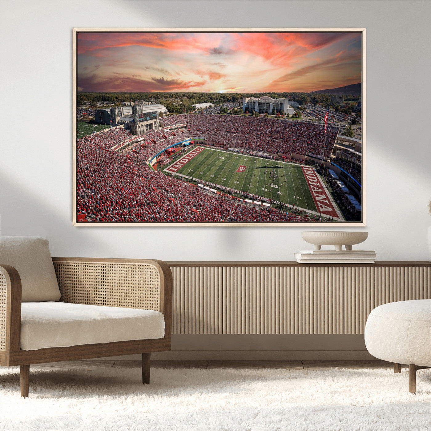 51135-MGV-CV-36X24-Indiana Hoosiers Stadium Wall Art – Panoramic Football Canvas Print with Game Day Crowd and Sunset Sky, Sports Artwork for Man