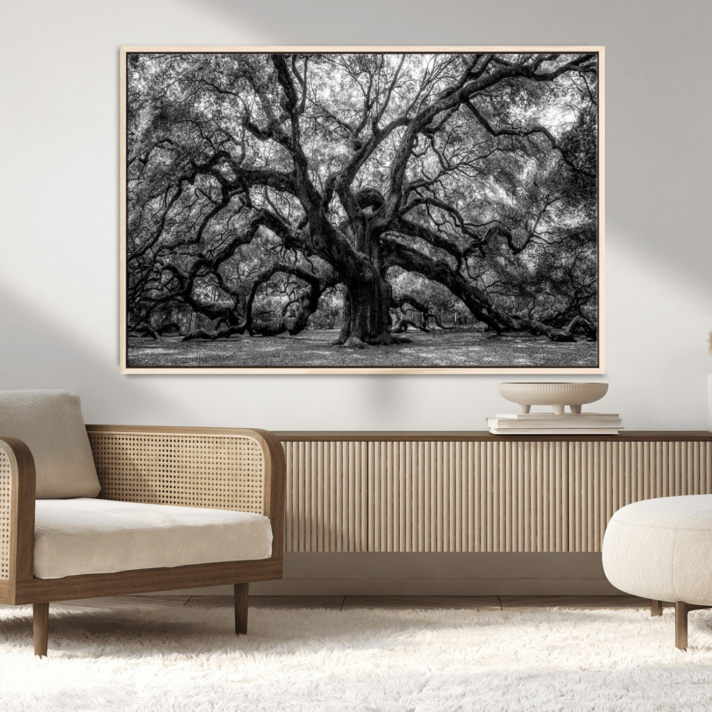 132944706-MGV-CV-36X24-Ancient Tree Wall Art – Black and White Photography Canvas Print Featuring Majestic Twisting Branches, Rustic Nature Artwork for