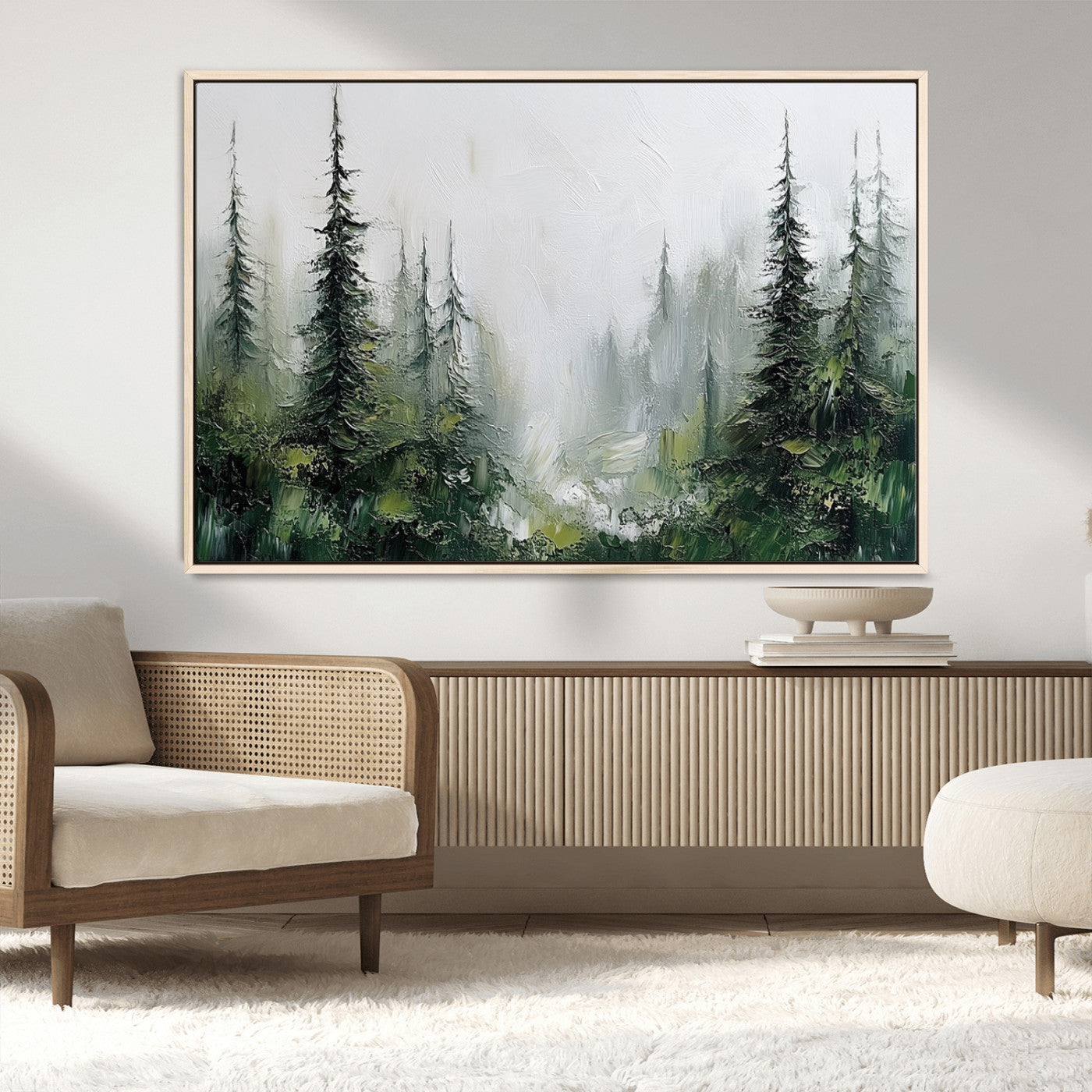 76014-MGV-CV-36X24-Forest Wall Art – Textured Canvas Print Featuring Misty Evergreen Pines and Woodland Landscape, Rustic Nature Artwork for Living