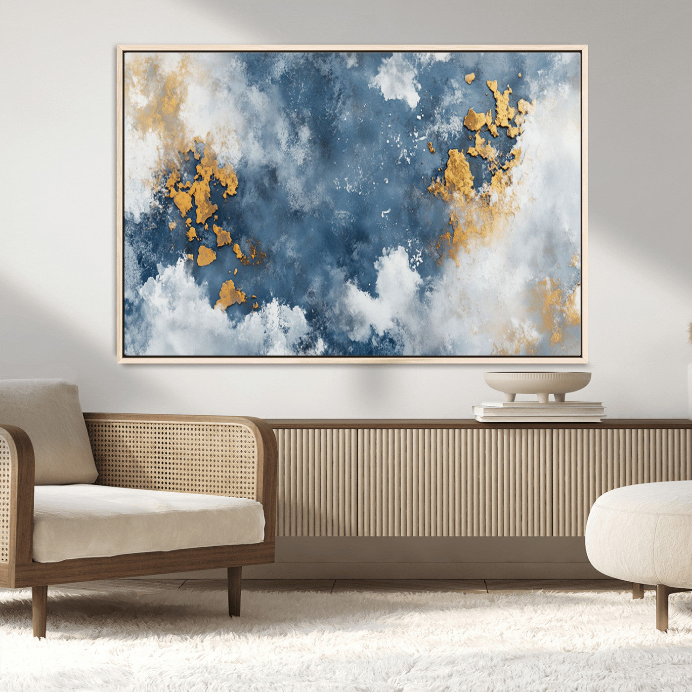 39575-MGV-CV-36X24-Blue and Gold Abstract Wall Art – Modern Canvas Print Featuring Cloudy Textures with Metallic Accents, Contemporary Artwork for