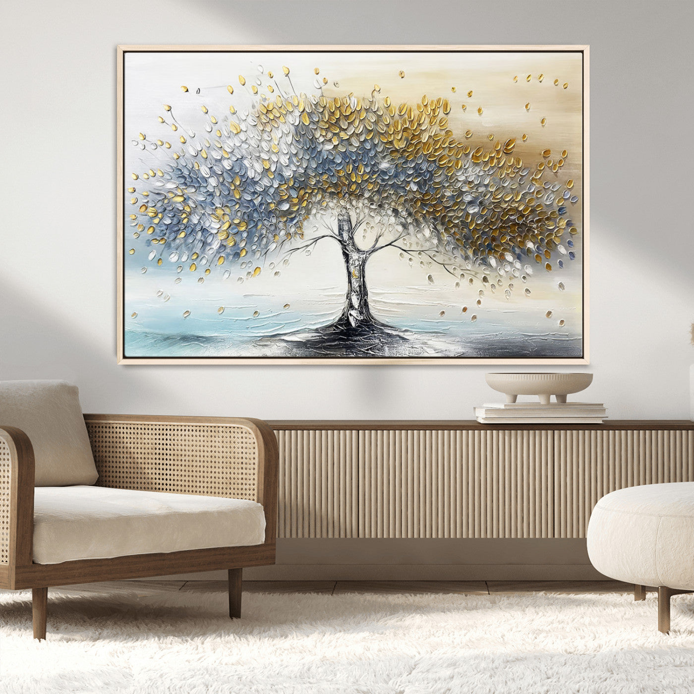 24771-MGV-CV-36X24-Silver Tree Wall Art Canvas Print, Framed Golden Leaves Art Picture Print, Metallic Tree Perfect Minimalist Luxury Decor Artwork