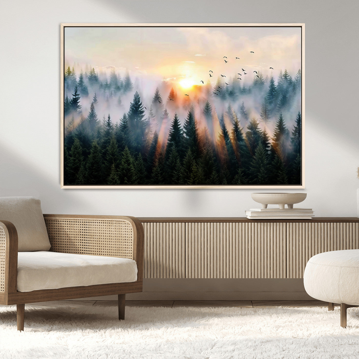 56391411-MGV-CV-36X24-Misty Forest Wall Art Canvas Print, Framed Sunrise Pines Art Picture Print, Moody Pines Perfect Serene Woodland Decor Artwork