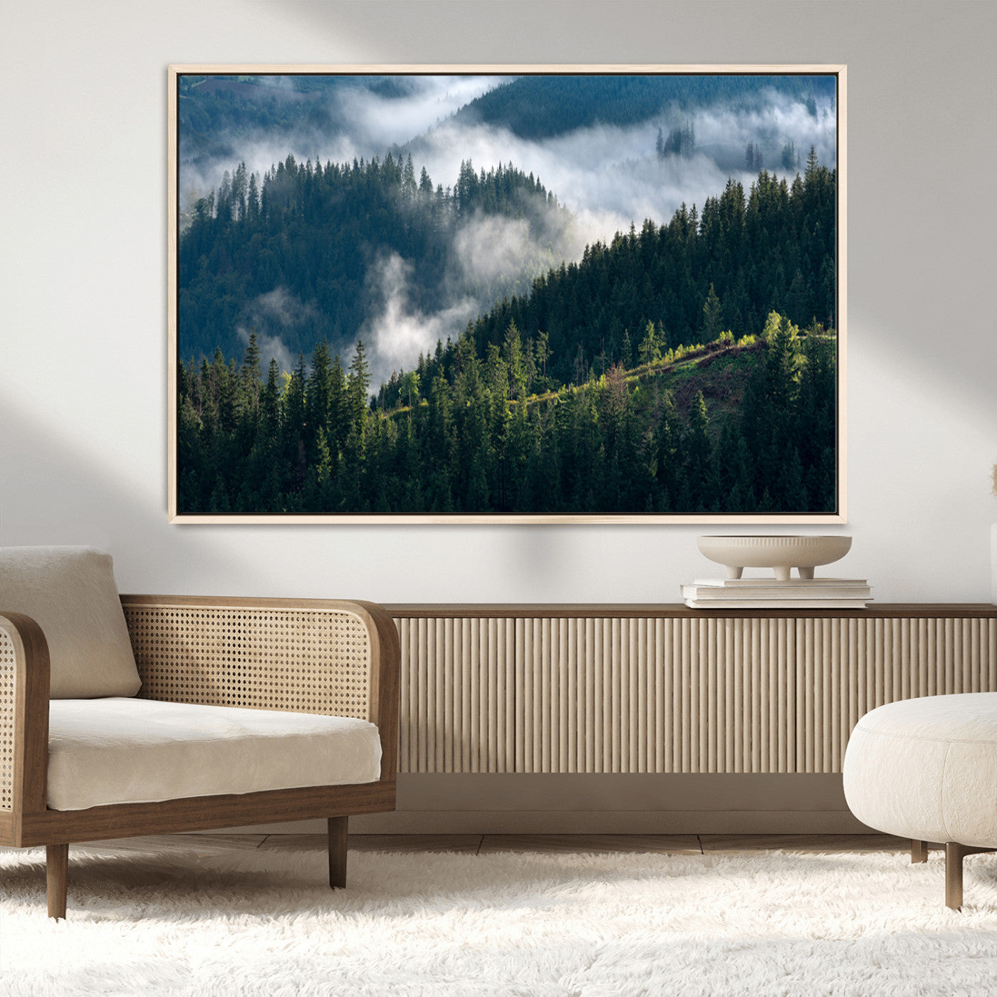 84598503-MGV-FC-36X24_Natural-Misty Forest Wall Art Canvas Print, Framed Pine Hills Art Picture Print, Moody Hills Perfect Moody Woodland Decor Artwork