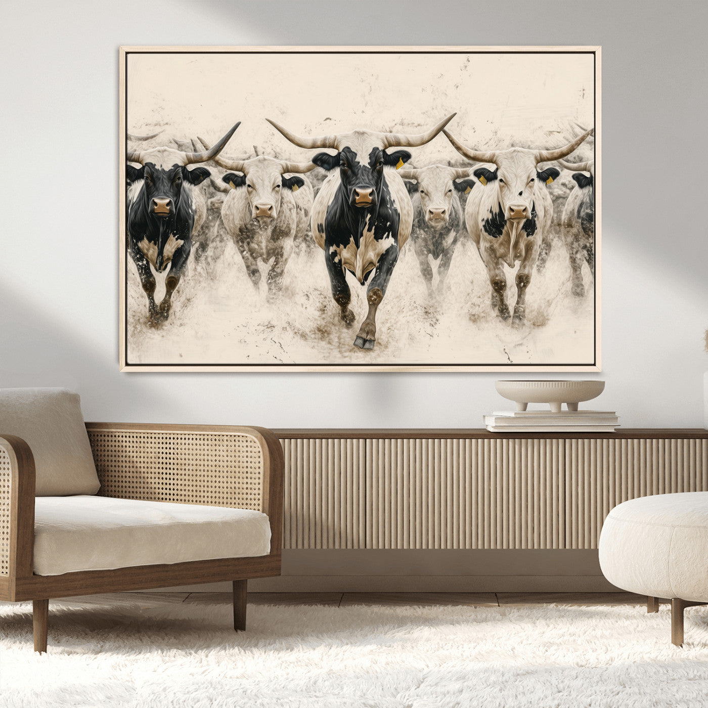 61538944-MGV-CV-36X24-Texas Longhorn Wall Art Canvas Print, Framed Cattles Walking Art Picture Print, Black White Bulls Perfect Rustic Western Decor