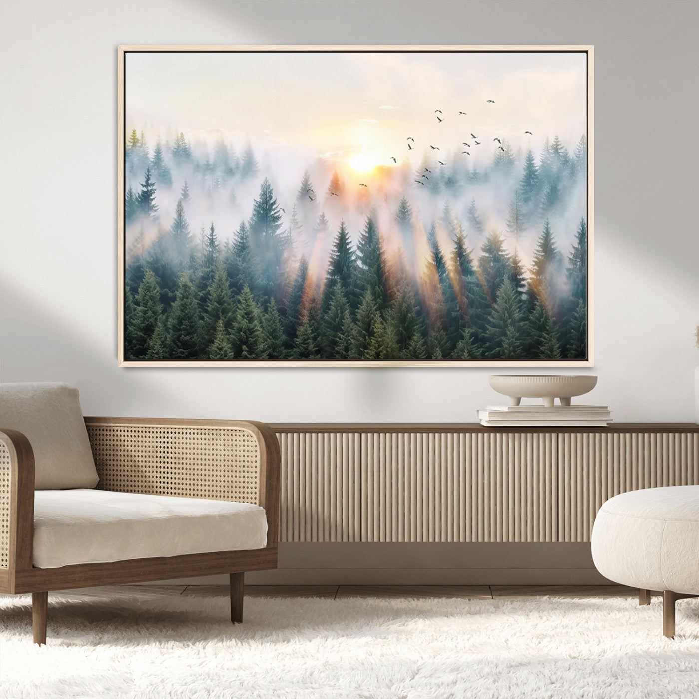 92718976-MGV-CV-36X24-Misty Forest Wall Art Canvas Print, Framed Sunrise Pines Art Picture Print, Foggy Woodland Perfect Moody Woodland Decor Artwork