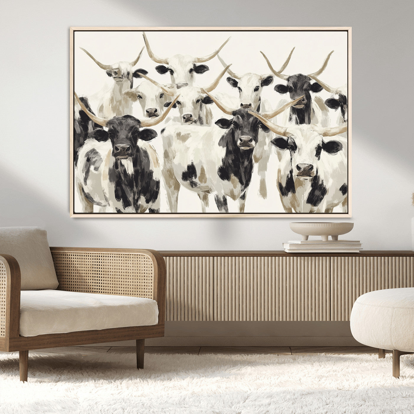 52947970-MGV-CV-36X24-Texas Longhorn Wall Art Canvas Print, Framed Cattle Herd Art Picture Print, Herd Portrait Perfect Modern Farmhouse Decor Artwork