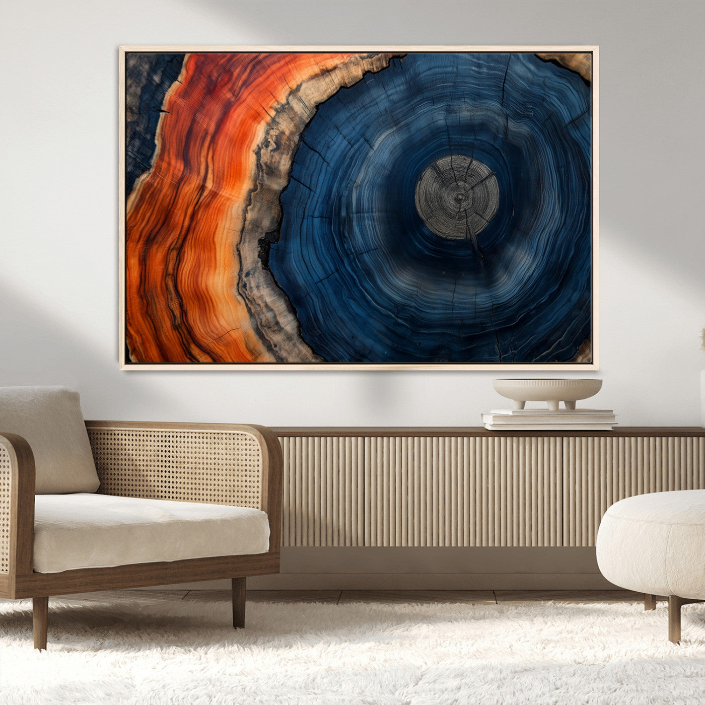 99491700-MGV-CV-36X24-Tree Ring Canvas Wall Art – Blue Orange Abstract Wood Grain Print, Rustic Modern Nature Artwork for Living Room, Office, Bedroom