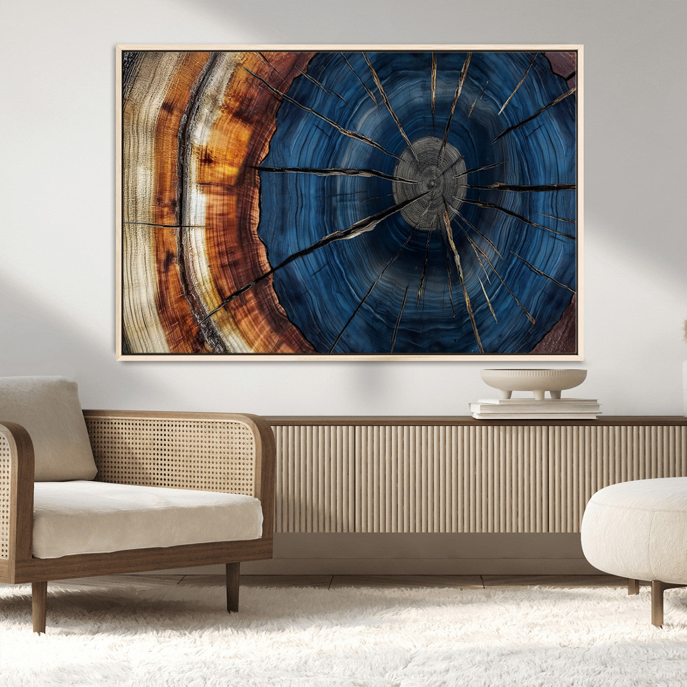 60099360-MGV-FC-36X24_Natural-Blue Tree Ring Wall Art – Rustic Wood Grain Canvas Print, Modern Abstract Artwork with Natural Texture for Living Room, Bedroom,