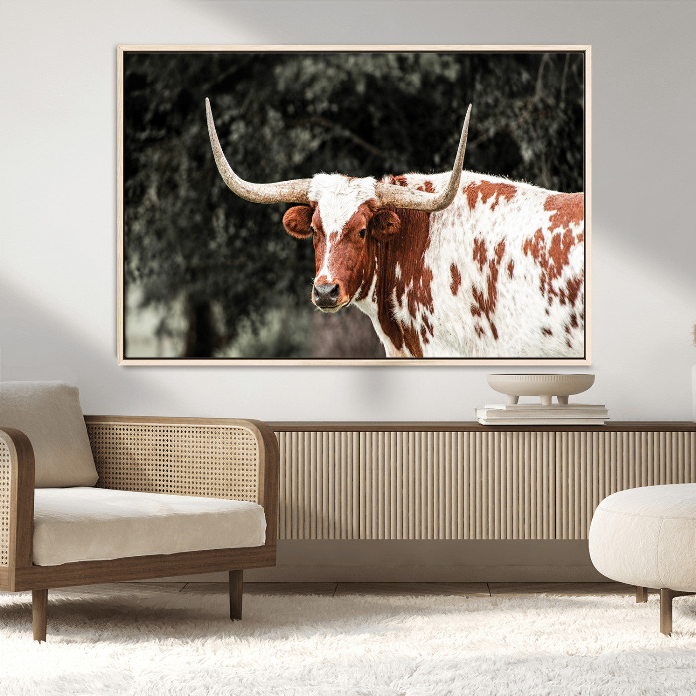 54027638-MGV-CV-36X24-Texas Longhorn Wall Art Canvas Print, Framed Spotted Cow Art Picture Print, Horned Bull Perfect Rustic Western Decor Artwork