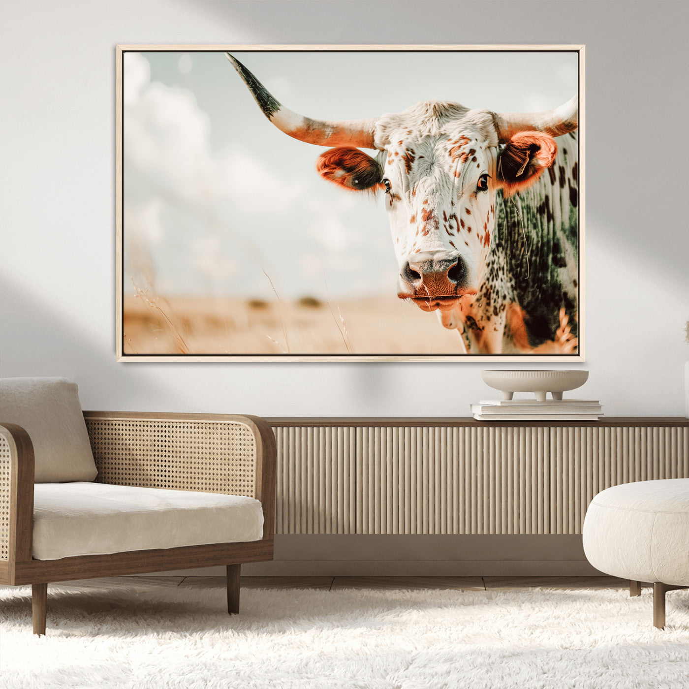 72766375-MGV-CV-36X24-Texas Longhorn Wall Art Canvas Print, Framed Spotted Cow Art Picture Print, Horned Cattle Perfect Rustic Western Decor Artwork