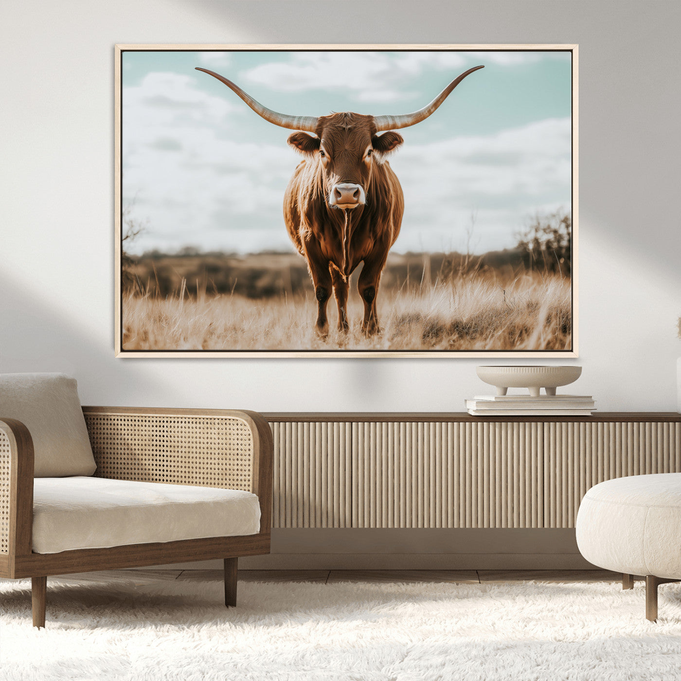 39350715-MGV-CV-36X24-Texas Longhorn Wall Art Canvas Print, Framed Longhorn Cow Art Picture Print, Western Cattle Perfect Rustic Western Decor Artwork