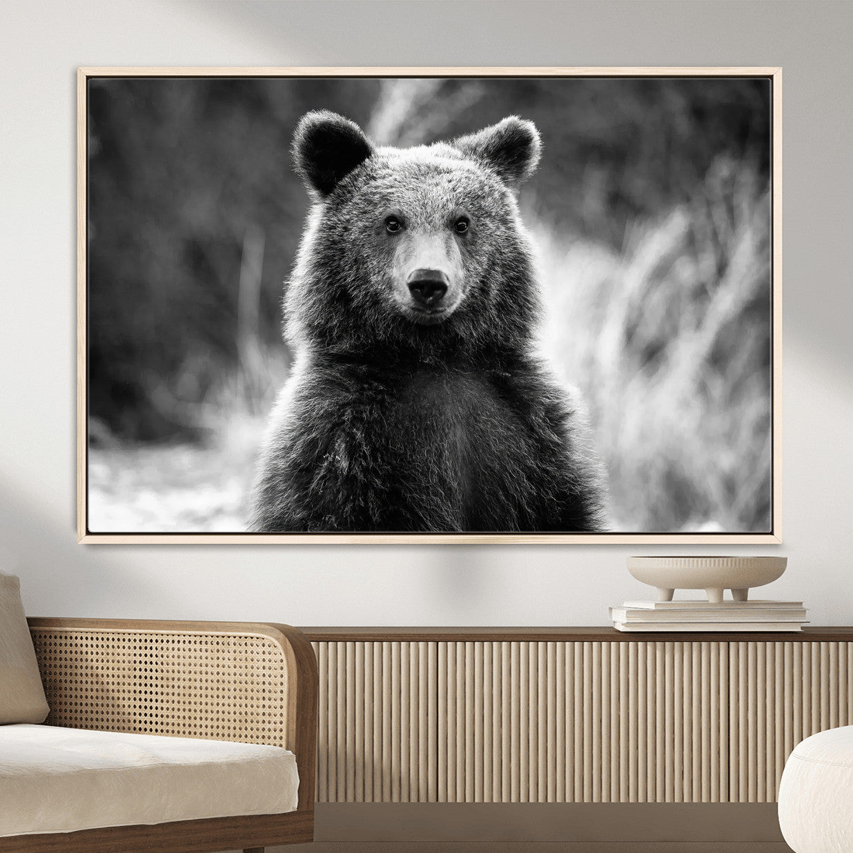 MGV-FC-36X24 - Grizzly Bear Wall Art Canvas Print, Framed Black White Bear Art Picture Print, Wild Bear Perfect Rustic Wildlife Decor Artwork