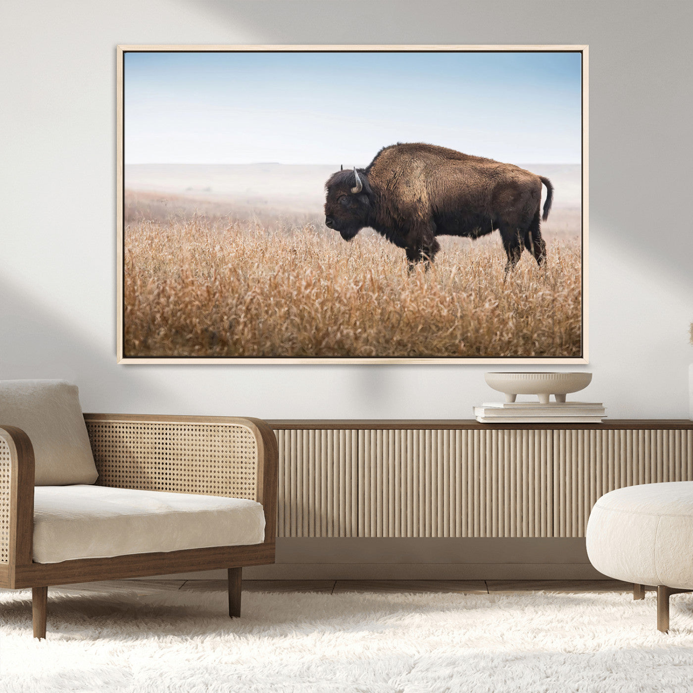 91267849-MGV-CV-36X24-Wild Bison Wall Art Canvas Print, Framed Bison in Prairie Art Picture Print, Rustic Western Perfect Rustic Western Decor Artwork