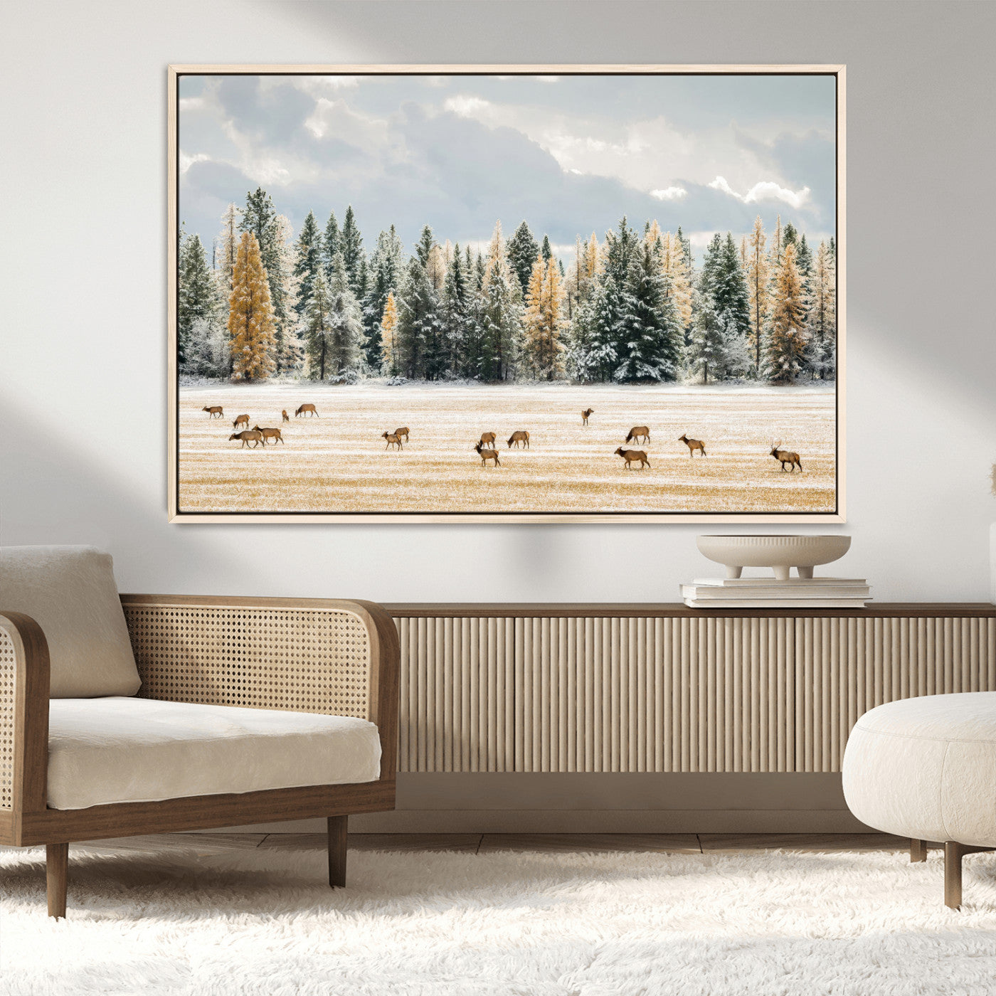 64188182-MGV-CV-36X24-Elk Herd Wall Art Canvas Print, Framed Snowy Forest Art Picture Print, Forest Elks Perfect Neutral Rustic Decor Artwork