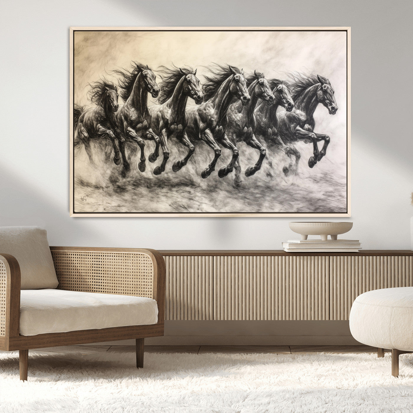 56089591-MGV-CV-36X24-Galloping Horses Wall Art Canvas Print, Framed Wild Stallions Art Picture Print, Horse Herd Sketch Perfect Monochrome Dynamic