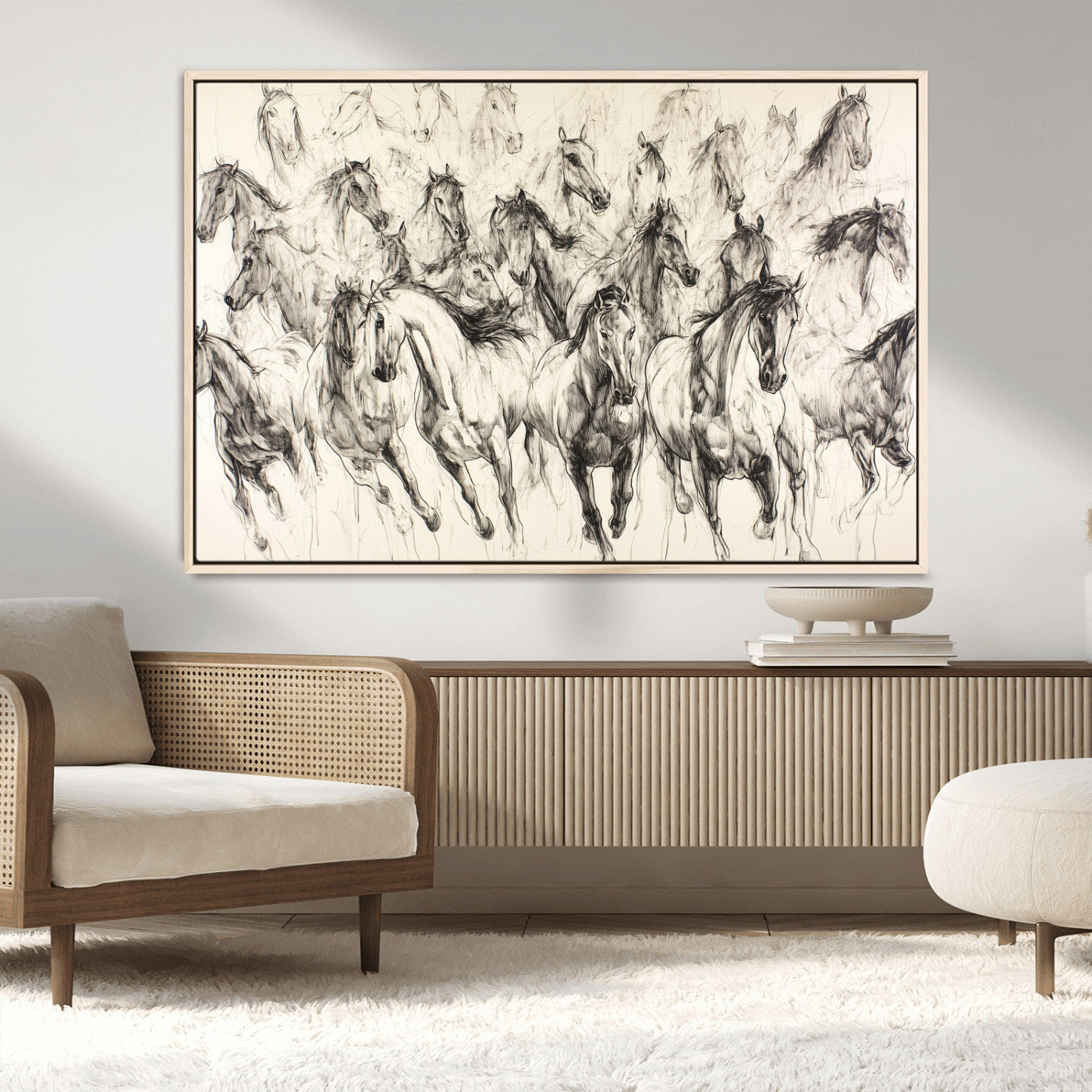 19433417-MGV-FC-36X24_Natural-Running Horses Wall Art Canvas Print, Framed Horse Sketch Art Picture Print, Galloping Herd Perfect Monochrome Western Decor