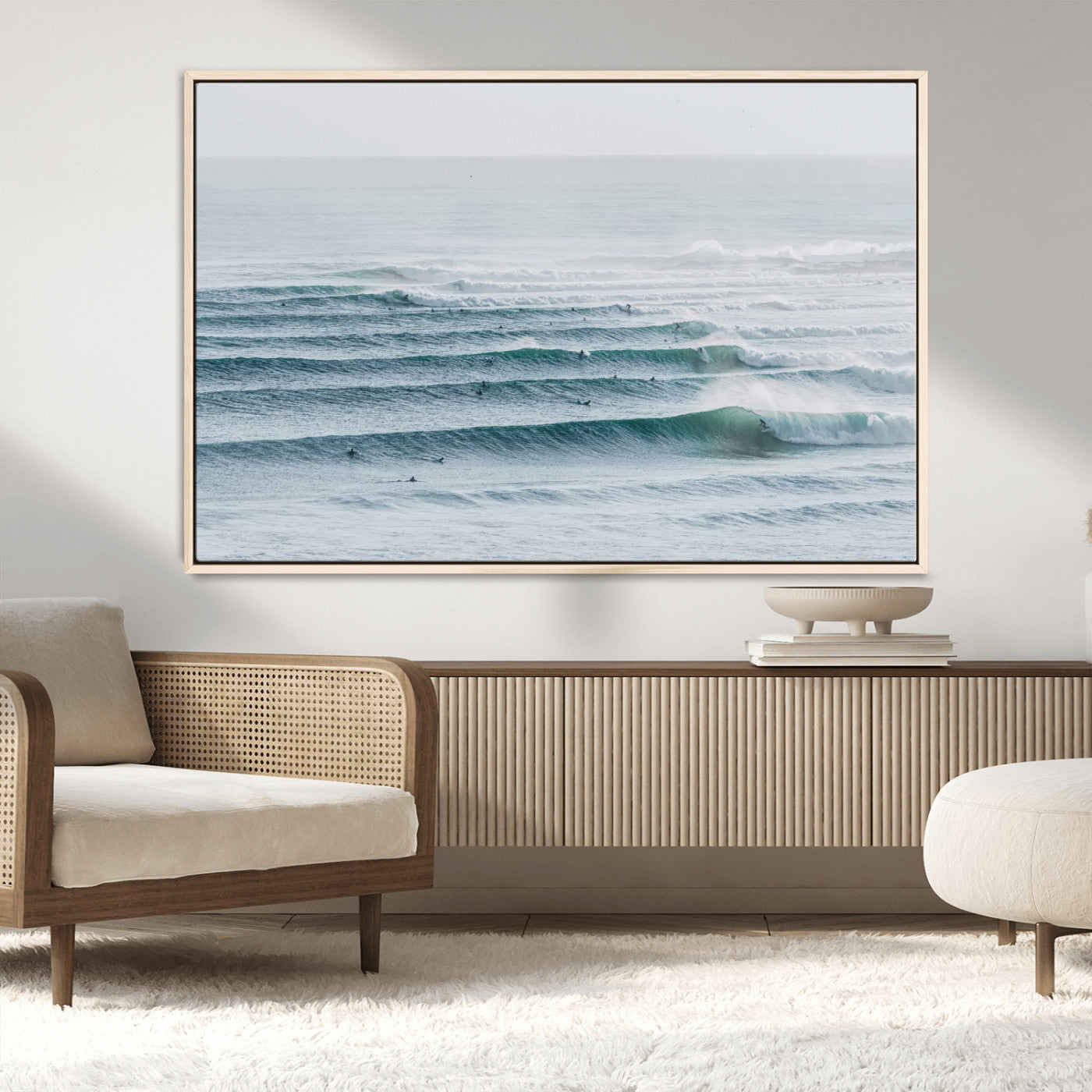 73969318-MGV-CV-36X24-Ocean Waves Wall Art Canvas Print, Framed Surfer Lineup Art Picture Print, Crowded Ocean Perfect Minimal Coastal Decor Artwork