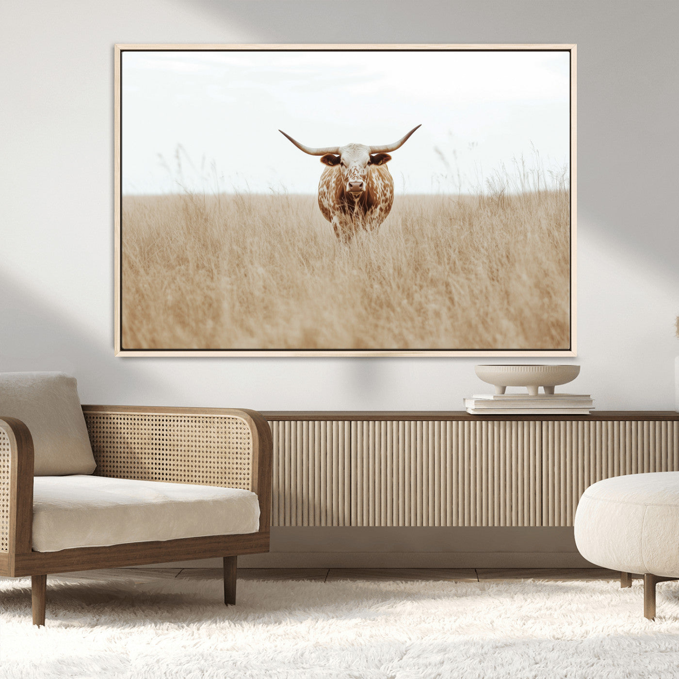 20927060-MGV-CV-36X24-Texas Longhorn Wall Art Canvas Print, Framed Lone Cattle Art Picture Print, Longhorn Bull Perfect Rustic Western Decor Artwork