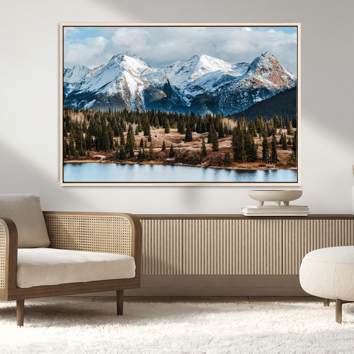 36247746-MGV-FC-36X24_Natural-Snowy Peaks Wall Art Canvas Print, Framed Alpine Lake Art Picture Print, Pine Forest Perfect Alpine Wilderness Decor Artwork