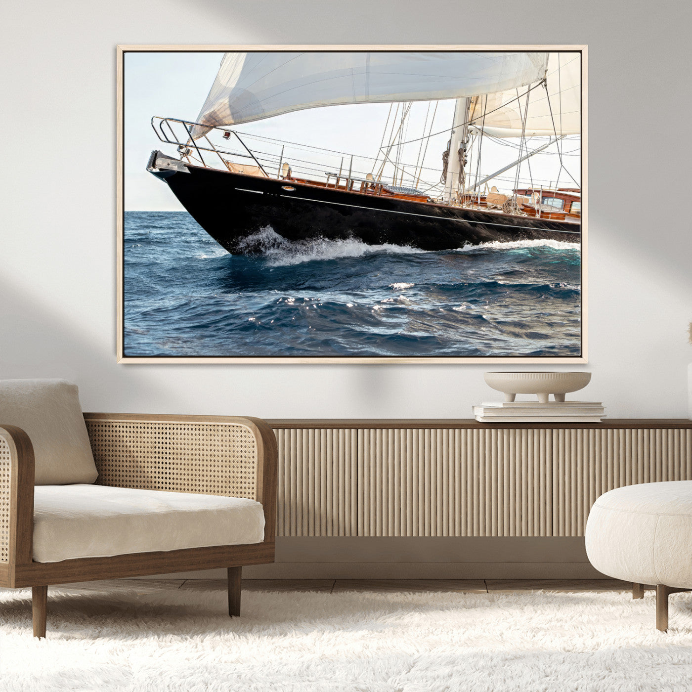 97168626-MGV-CV-36X24-Sailing Yacht Wall Art Canvas Print, Framed Wooden Yacht Art Picture Print, Ocean Waves Perfect Nautical Coastal Decor Artwork