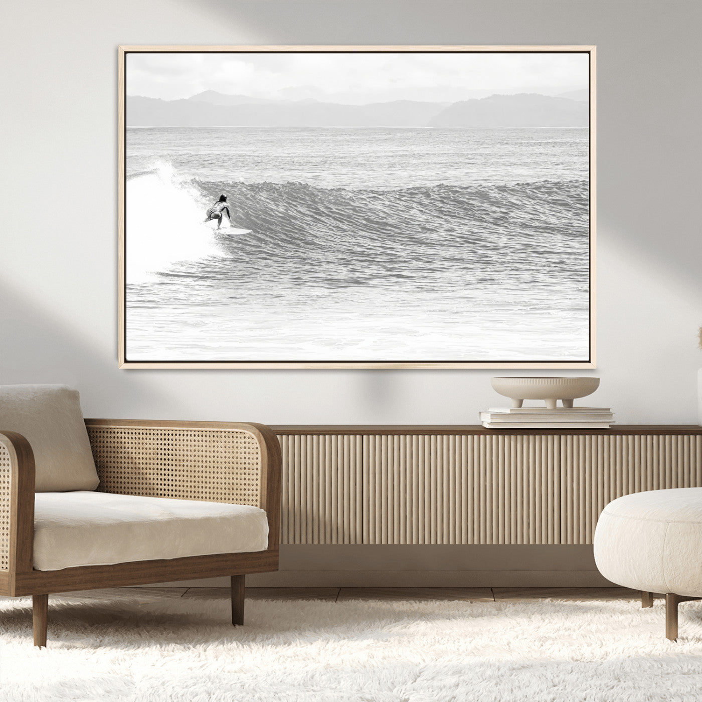 81535128-MGV-CV-36X24-Surfer Woman Wall Art Canvas Print, Framed Black Ocean Art Picture Print, Ocean Surfing Perfect Monochrome Coastal Decor Artwork