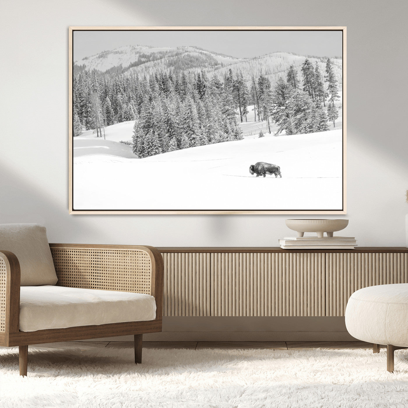 68081143-MGV-FC-36X24_Natural-Snowy Bison Wall Art Canvas Print, Framed Winter Forest Art Picture Print, Lone Bison Perfect Monochrome Winter Wild Decor Artwork