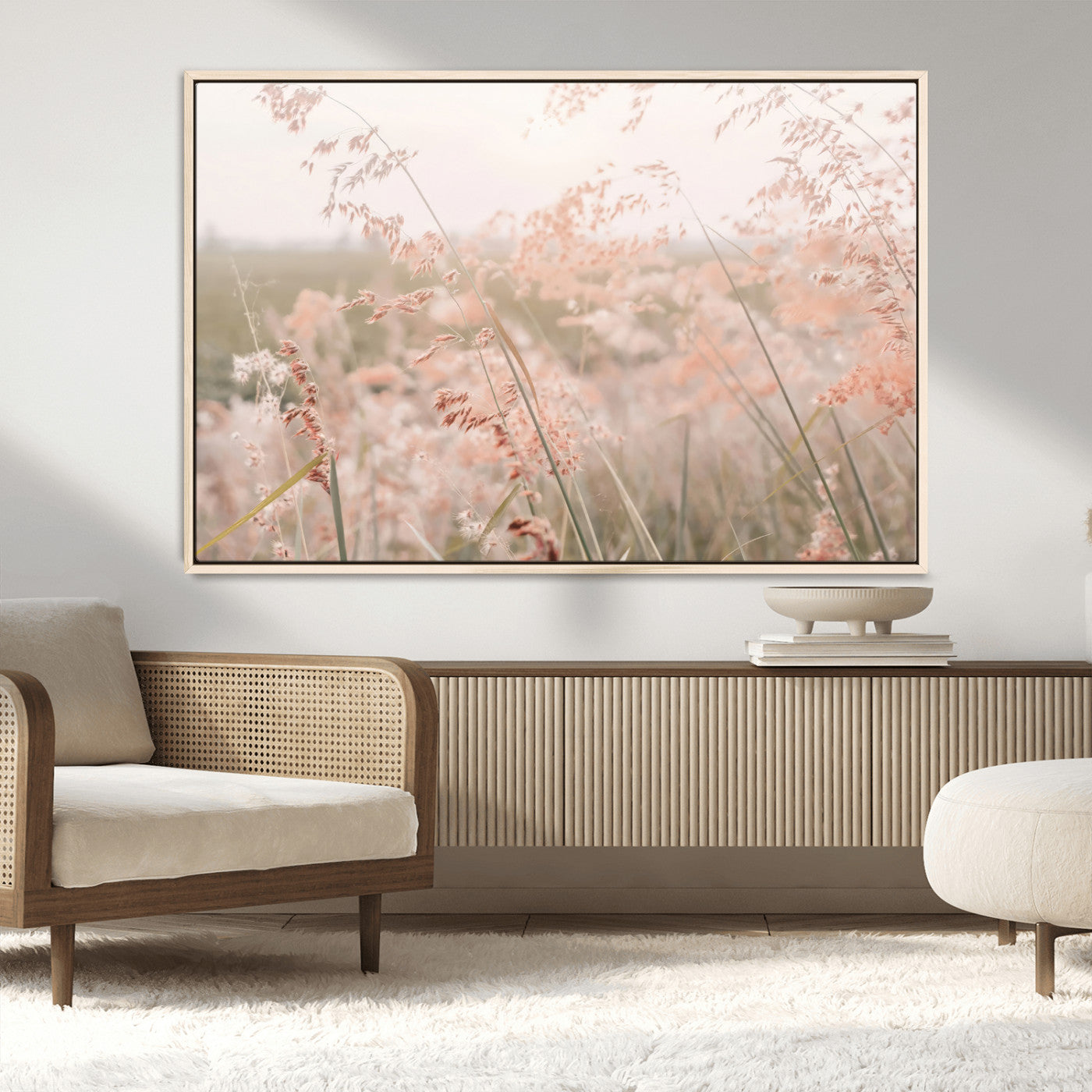 79164340-MGV-FC-36X24_Natural-Pastel Grasses Wall Art Canvas Print, Framed Soft Meadow Art Picture Print, Field in Breeze Perfect Pastel Minimal Decor Artwork