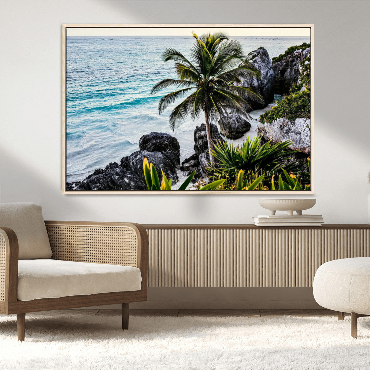 94669907-MGV-CV-36X24-Tropical Coastline Wall Art Canvas Print, Framed Palm Tree Art Picture Print, Rocky Beach Perfect Tropical Coastal Decor Artwork