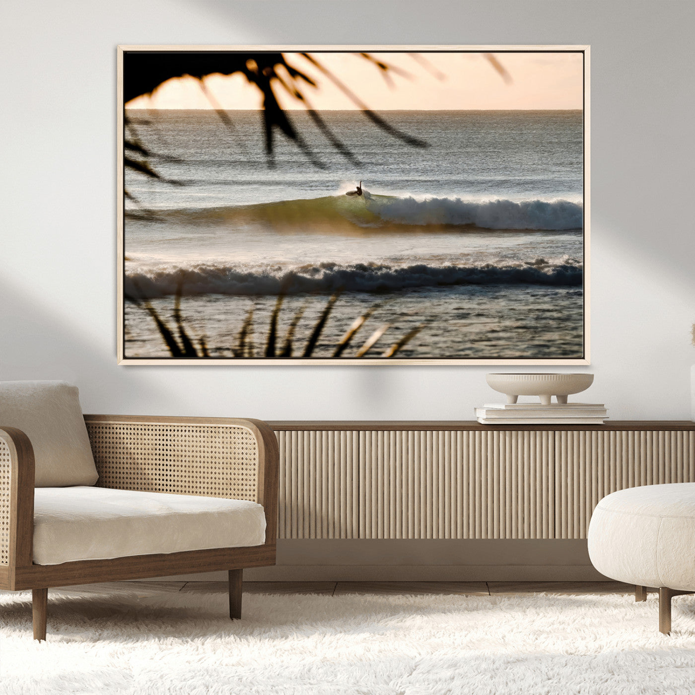 24896468-MGV-CV-36X24-Sunset Surf Wall Art Canvas Print, Framed Golden Waves Art Picture Print, Tropical Ocean Perfect Tropical Boho Decor Artwork