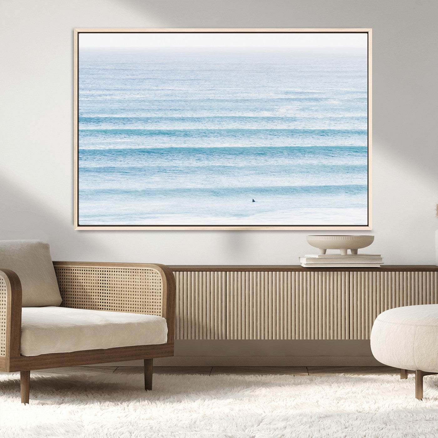 77145995-MGV-CV-36X24-Ocean Simplicity Wall Art Canvas Print, Framed Surfer on Water Art Picture Print, Light Blue Perfect Coastal Minimalist Decor