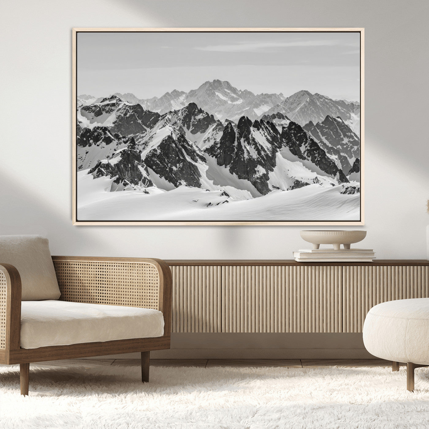 32399691-MGV-FC-36X24_Natural-Snowy Mountain Wall Art Canvas Print, Framed Mountain Peaks Art Picture Print, Alpine Mountains Perfect Minimalist Alpine Decor