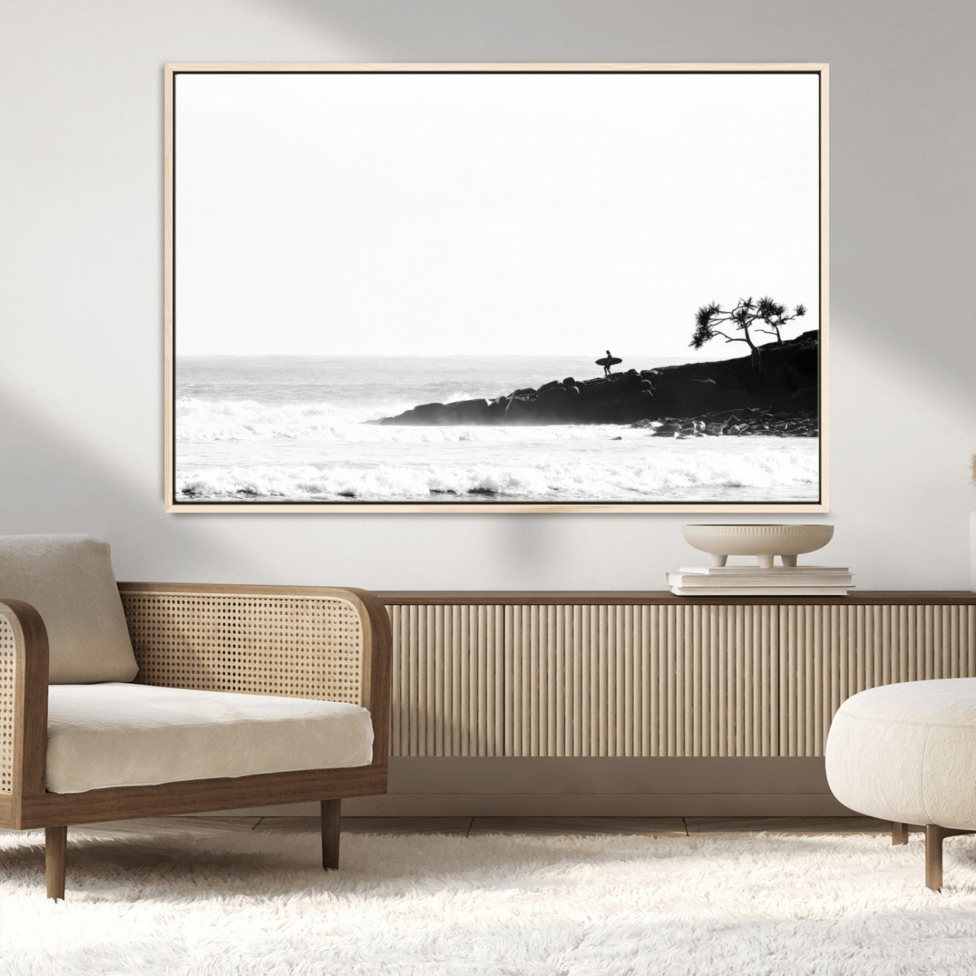40875891-MGV-CV-36X24-SurferCliffs Wall Art Canvas Print, Framed Black White Beach Art Picture Print, Ocean Waves Perfect Minimalist Coastal Decor