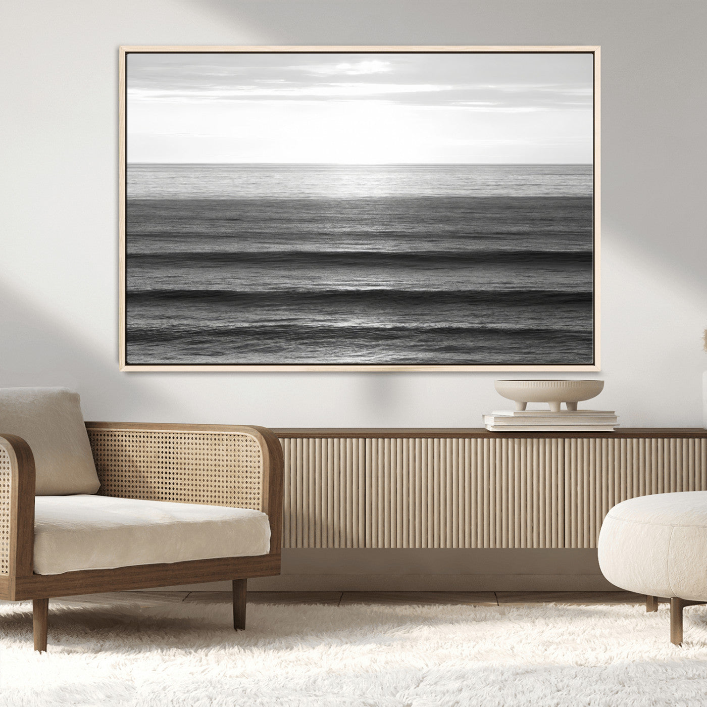 47305203-MGV-FC-36X24_Natural-Monochrome Ocean Wall Art Canvas Print, Framed Moody Ocean Art Picture Print, Calm Ocean Perfect Minimalist Coastal Decor Artwork
