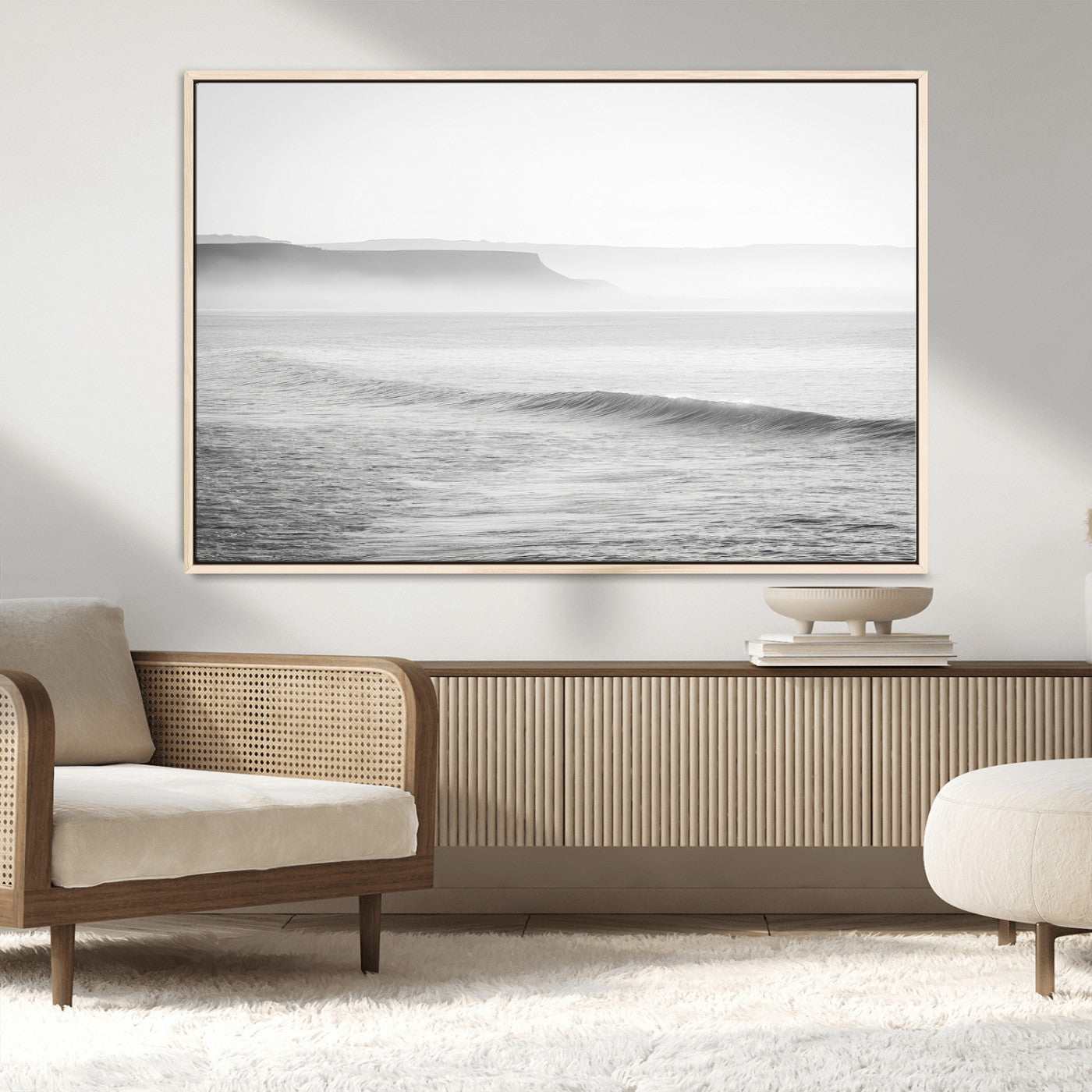 60635783-MGV-FC-36X24_Natural-Black White Seascape Wall Art Canvas Print, Framed Ocean Waves Art Picture Print, Misty Coastal Perfect Minimalist Coastal Decor
