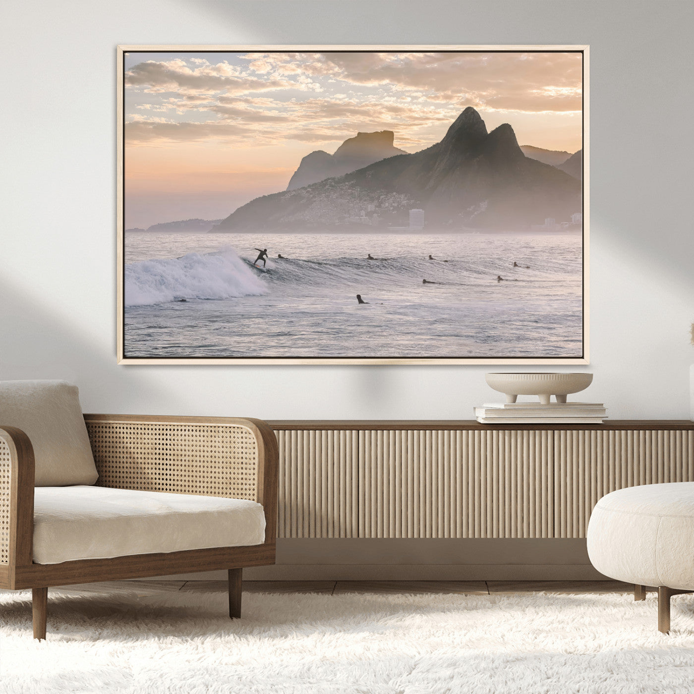 70644906-MGV-CV-36X24-Sunset Surfing Wall Art Canvas Print, Framed Misty Mountains Art Picture Print, Surfer Riding Wave Perfect Coastal Adventure Decor