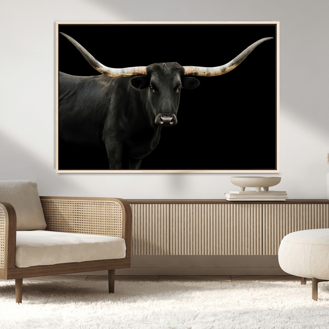 99448328-MGV-CV-36X24-Longhorn Cattle Wall Art Canvas Print, Framed Texas Ranch Art Picture Print, Western Cow Perfect Farmhouse Decor Artwork