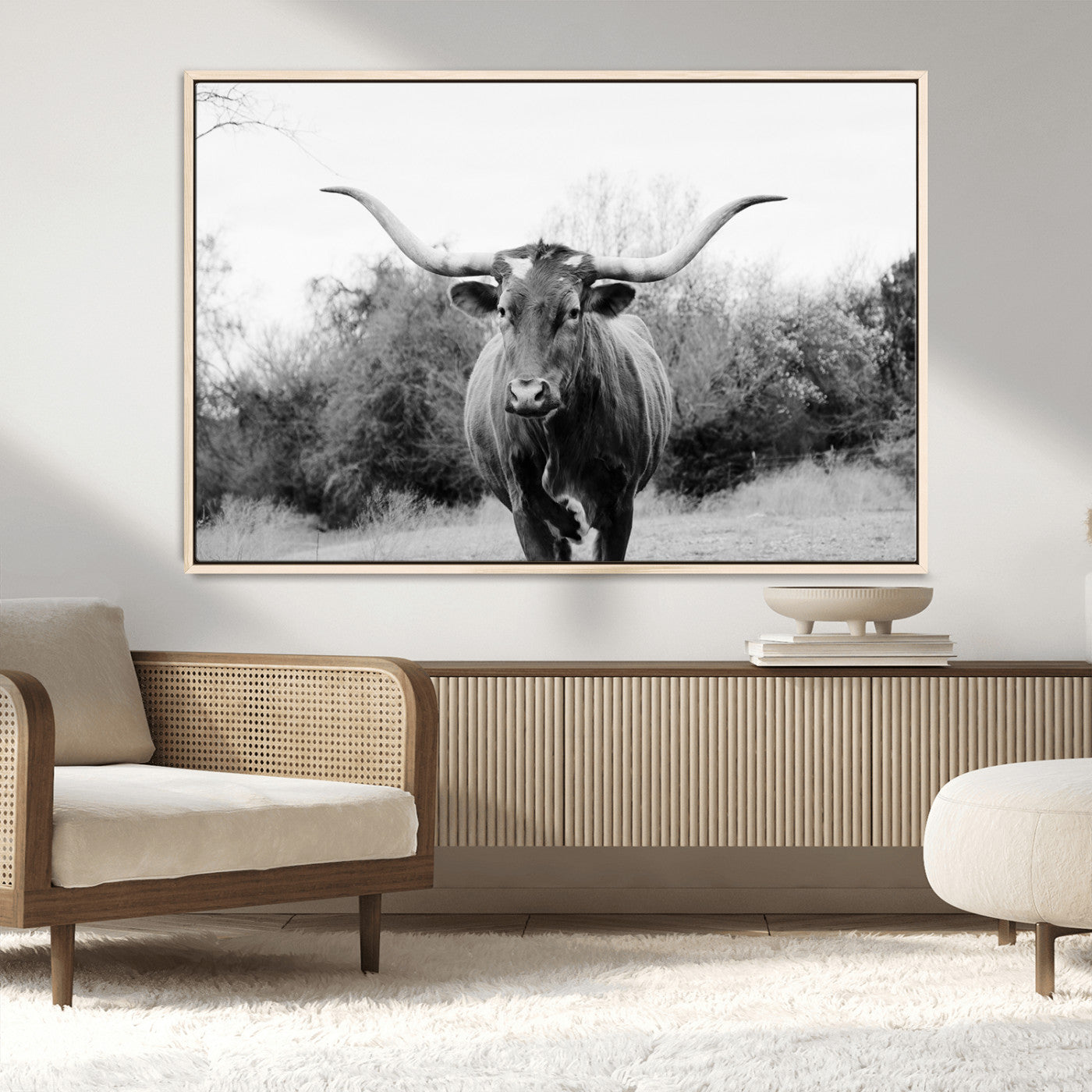 97280319-MGV-FC-36X24_Natural-Longhorn Photography Wall Art Canvas Print, Framed Western Cow Decor Art Picture Print, Texas Ranch Style Perfect Rustic Farmhouse