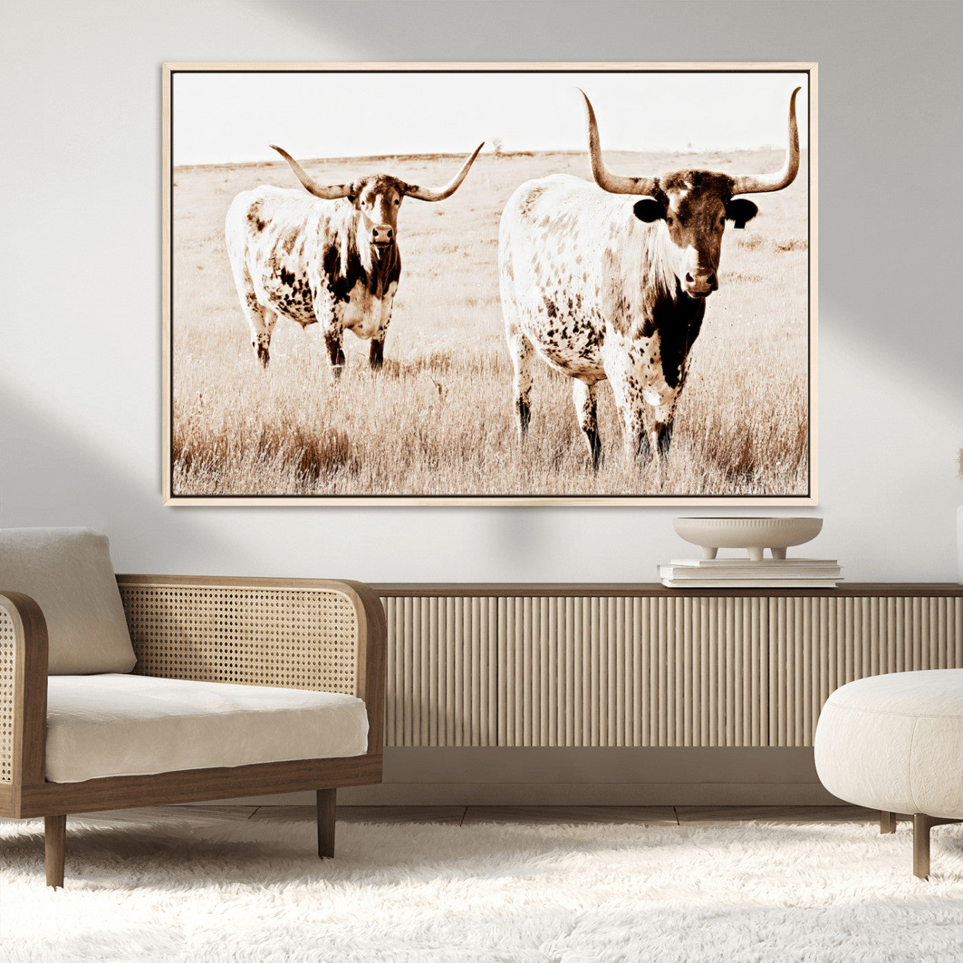 39672786-MGV-CV-36X24-Rustic Cow Scene Wall Art Canvas Print, Framed Farmhouse Style Cattle Art Picture Print, Prairie Animal Duo Perfect Rustic Western