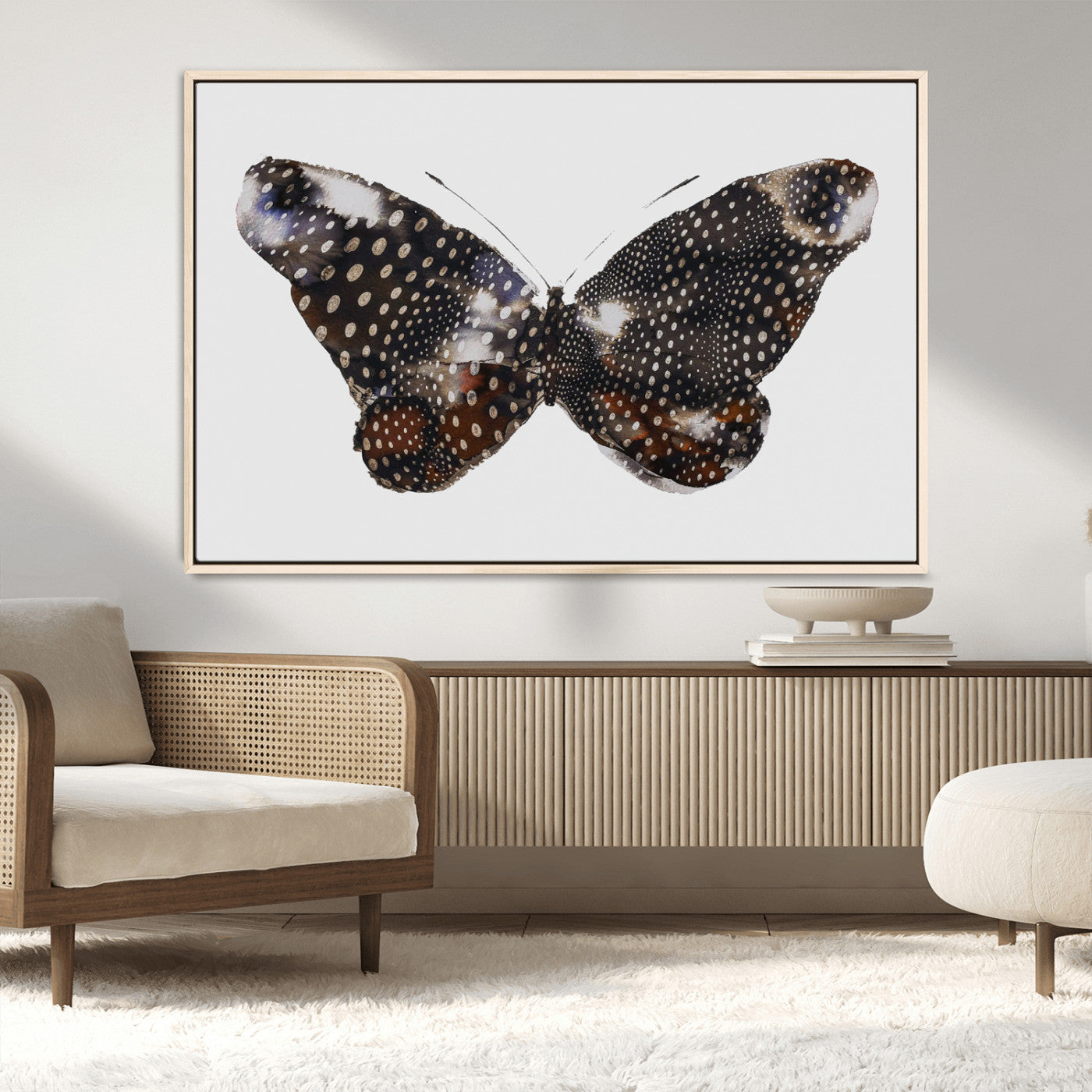 99831147-MGV-FC-36X24_Natural-Spotted Butterfly Wall Art Canvas Print, Framed Neutral Insect Theme Art Picture Print, Earthy Wing Pattern Perfect Modern Rustic