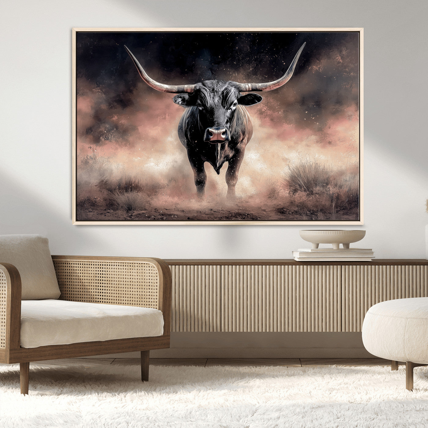 71457818-MGV-CV-36X24-Longhorn Wall Art Wall Art Canvas Print, Framed Western Bull Canvas Art Picture Print, Rustic Cow Decor Perfect Western Dramatic