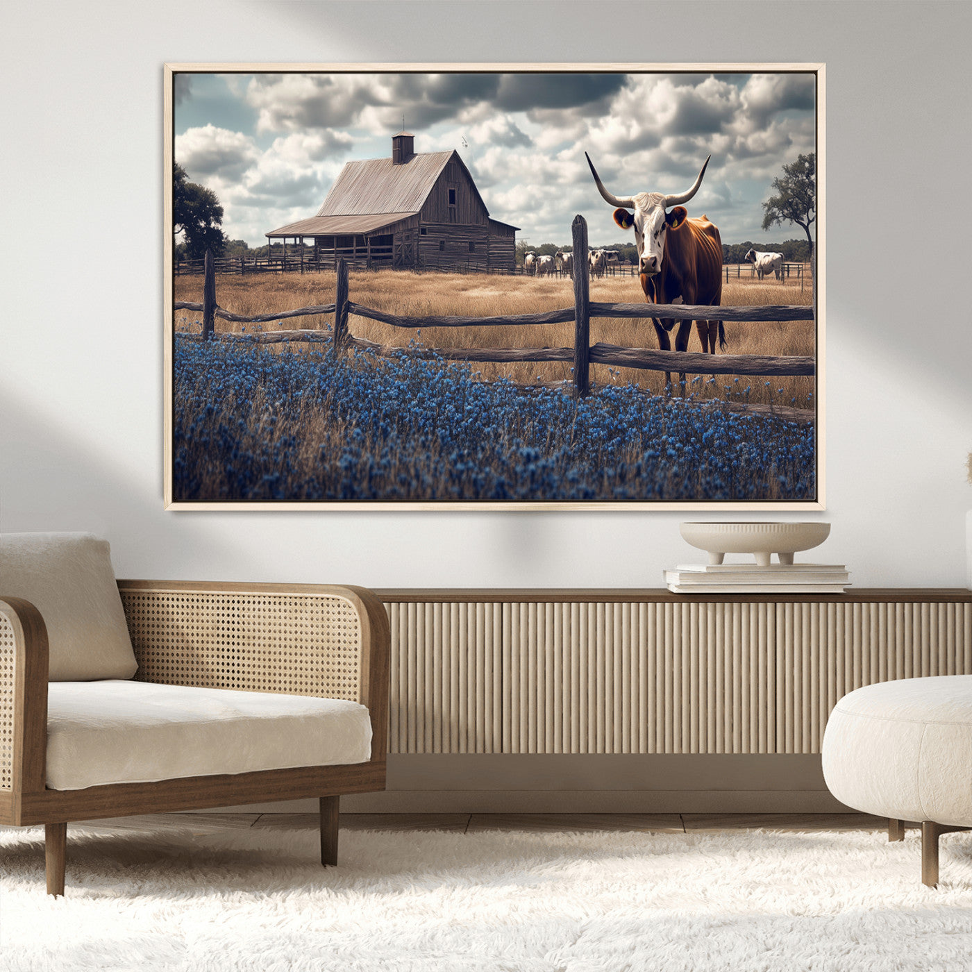 51092814-MGV-CV-36X24-Texas Longhorn Wall Art Wall Art Canvas Print, Framed Rustic Barn Canvas Art Picture Print, Farmhouse Cow Decor Perfect Rustic
